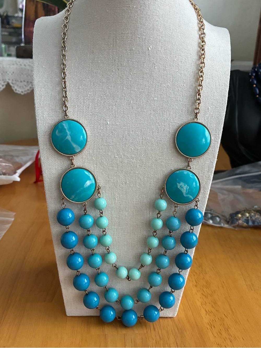 Layered Turquoise Bead Necklace with Gold Accents - Women Jewelry